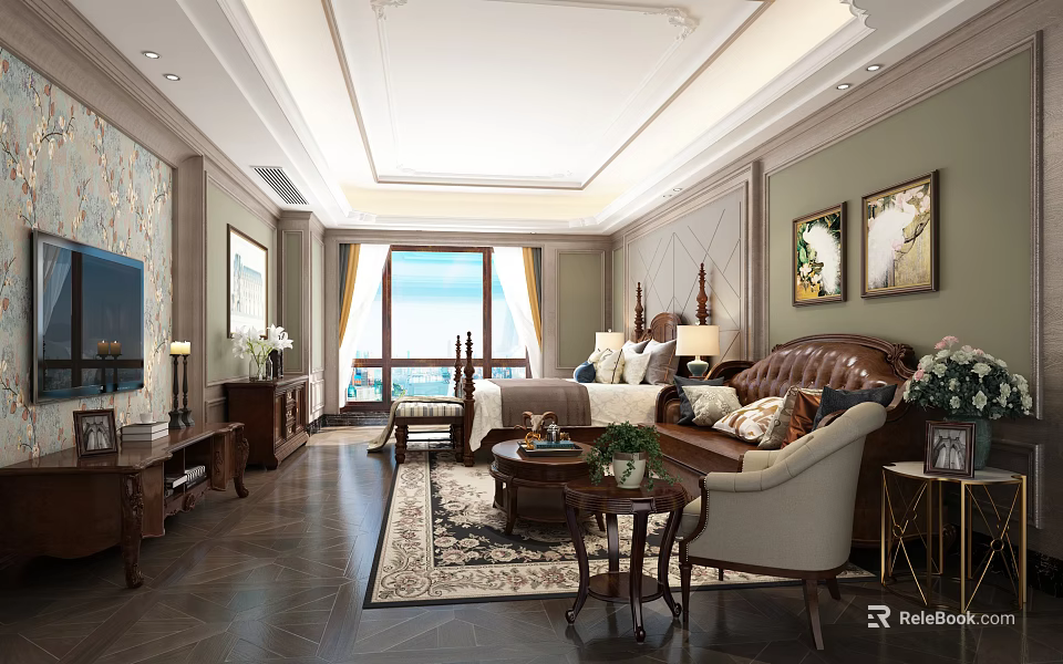 Luxurious Apartment Living Room With Classic Furniture And Large Window View 3d model 
