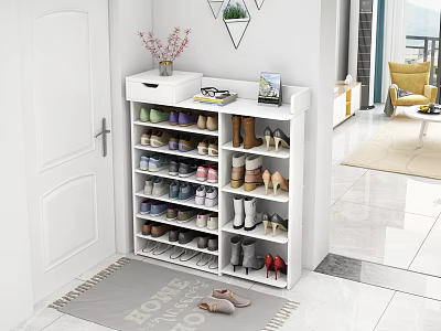 White Shoe Cabinet With Vase Photo Frame And Multiple Layers For Different Shoes Near Home Rug 3d model