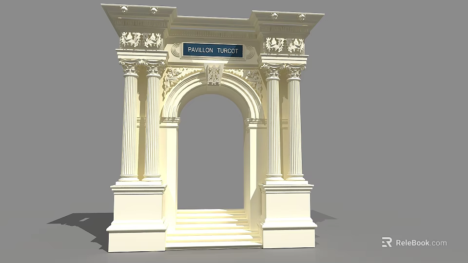 Classical European Architecture Entrance With Ornate Archway Columns And Trialon Turet Sign 3d model 