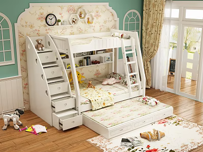 Kids Room Bunk Bed With Storage Stairs Drawers And Floral Bedding Decor 3d model