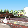 People Walking In Public Square With Trees Brick Clock Tower And Benches