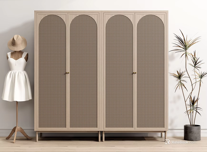 Modern Natural Wardrobe Interior With Arched Rattan Grille Doors Light Wood Tone And Metal Legs 3d model 