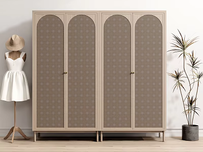 Modern Natural Wardrobe Interior With Arched Rattan Grille Doors Light Wood Tone And Metal Legs 3d model
