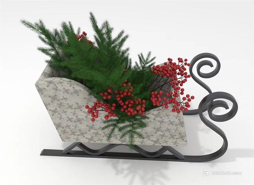Decorative Ornament Set With Sleigh Shaped Container Green Foliage Red Berries And Metal Scroll Frame 3d model 