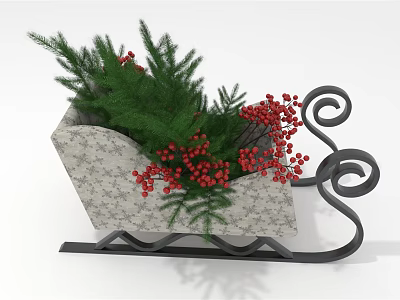 Decorative Ornament Set With Sleigh Shaped Container Green Foliage Red Berries And Metal Scroll Frame 3d model