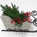Decorative Ornament Set With Sleigh Shaped Container Green Foliage Red Berries And Metal Scroll Frame