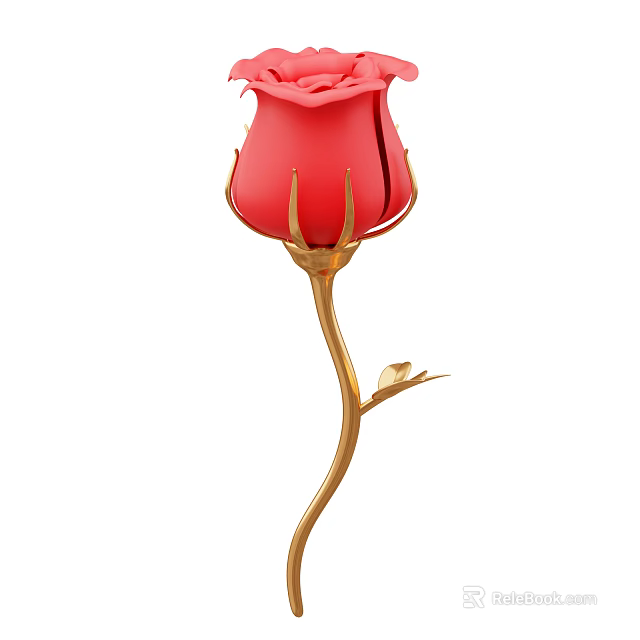 Beautiful Red Rose With Golden Curved Stem And Small Green Leaf 3d model 