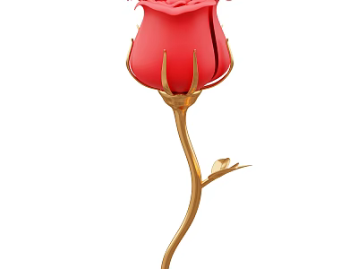 Beautiful Red Rose With Golden Curved Stem And Small Green Leaf 3d model