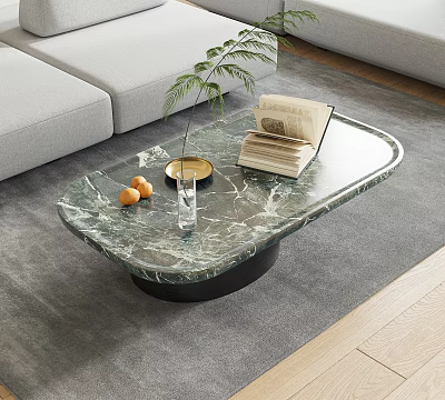 Oval Marble Top Coffee Table With Green Plant Gold Tray Oranges And Books On Rug 3d model