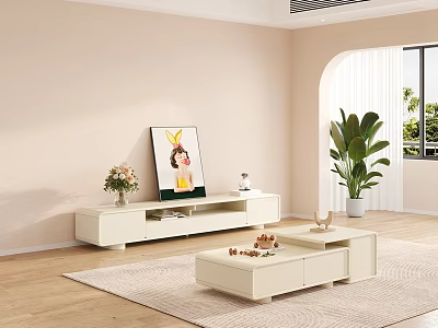 Modern Light TV Stand With Flower Vase Decor Items Wall Art And Large Indoor Plant 3d model
