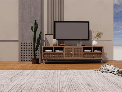Modern Wooden TV Stand With TV Cactus Plant And Decorative Vase On Wooden Floor 3d model