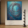 Swirling Fish School In Deep Sea Oil Painting With Blue Background And Light Rays