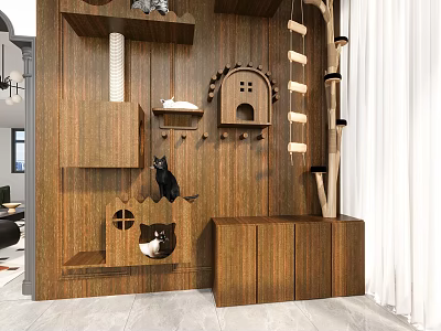 Wooden Wall Mounted Cat Furniture with Climbing Ladder and House for Pet Activity Area 3d model