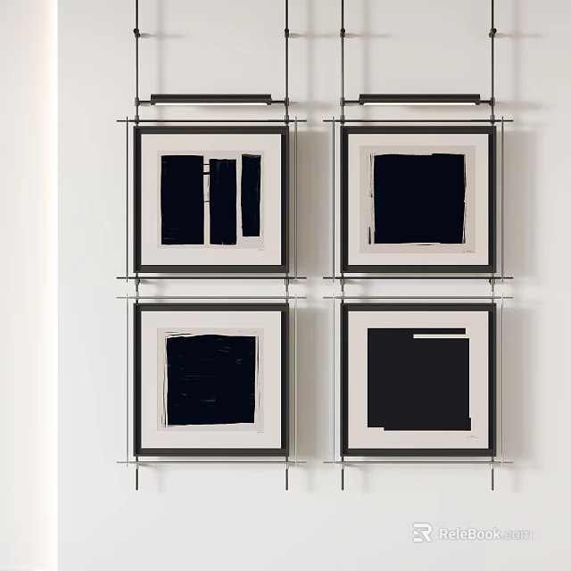 Four Black Framed Abstract Paintings On White Wall Gallery 3d model