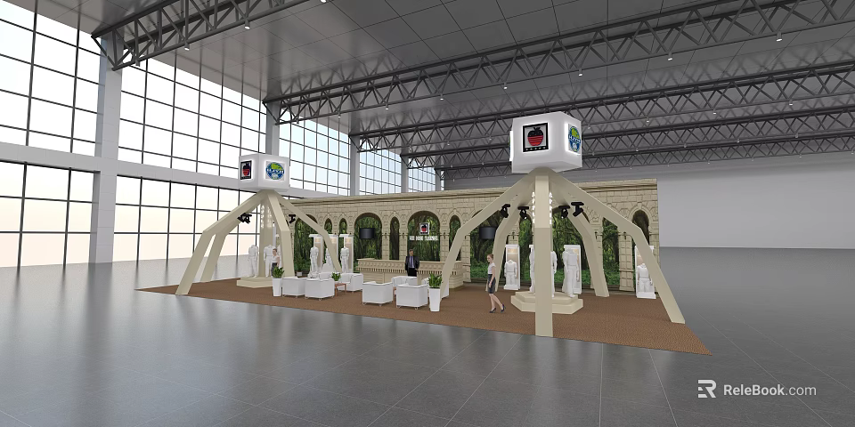 Exhibition Booth Design With Green Plants White Furniture And Logo Signs 3d model 