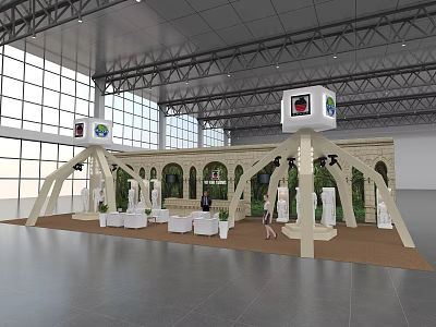 Exhibition Booth Design With Green Plants White Furniture And Logo Signs 3d model