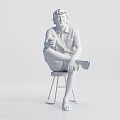 Man sitting on stool holding cup wearing white shirt shorts and sandals against white background