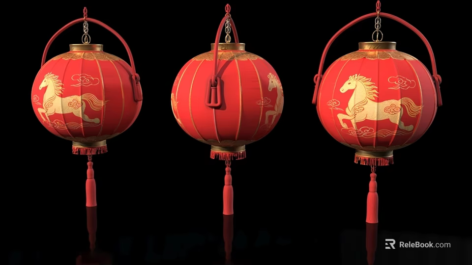 Red Chinese Lanterns with Golden Horse Patterns and Hanging Tassels on Black Background 3d model 
