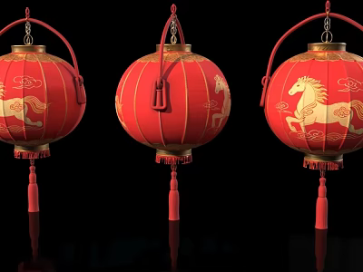 Red Chinese Lanterns with Golden Horse Patterns and Hanging Tassels on Black Background 3d model