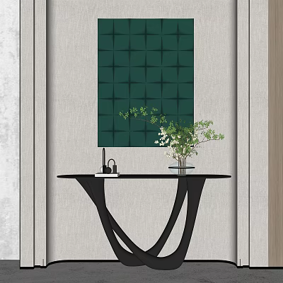 Modern Console Table with Black Curved Legs Green Plant Vase and Grid Wall Design 3d model