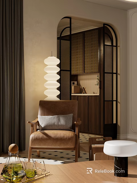 Modern Dining Living Room With Brown Armchair Gray Cushion White Pendant Light And Wooden Partition 3d model 