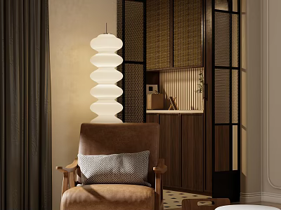 Modern Dining Living Room With Brown Armchair Gray Cushion White Pendant Light And Wooden Partition 3d model