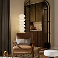 Modern Dining Living Room With Brown Armchair Gray Cushion White Pendant Light And Wooden Partition