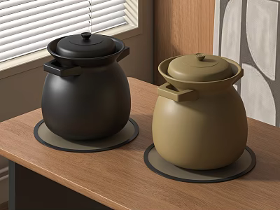 Two Different Colored Cookware Pots on Wooden Table Near Window 3d model