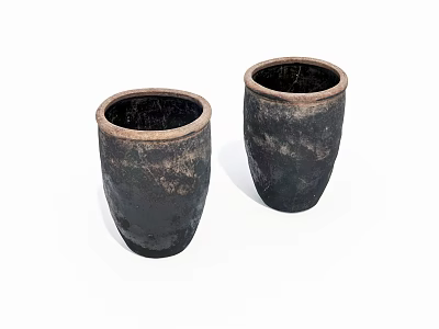 Two Black Ceramic Pots With Handcrafted Texture And Cylindrical Open Mouth Design 3d model