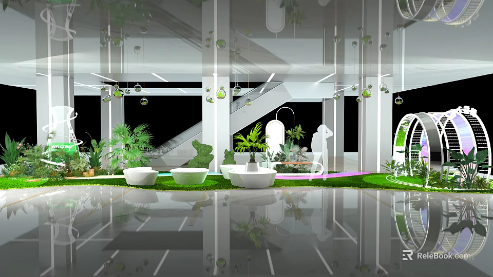 Modern Floral Art Installation With Hanging Plants Round Planters Staircase And Mirrored Floor 3d model 