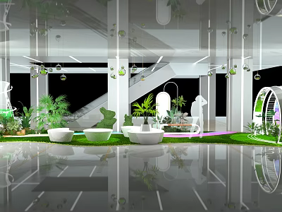 Modern Floral Art Installation With Hanging Plants Round Planters Staircase And Mirrored Floor 3d model
