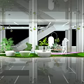 Modern Floral Art Installation With Hanging Plants Round Planters Staircase And Mirrored Floor