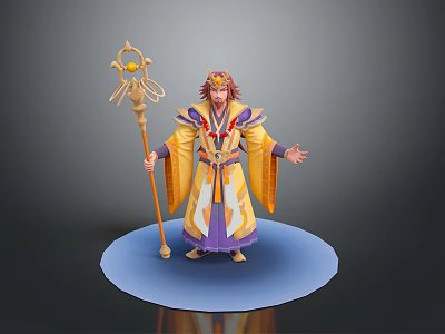 Wizard Character in Ornate Colorful Robes Holding Magical Staff on Blue Base 3d model