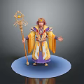Wizard Character in Ornate Colorful Robes Holding Magical Staff on Blue Base