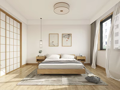 Modern Hotel Guest Room Interior With Comfortable Bed Wooden Furniture And Decorative Paintings 3d model