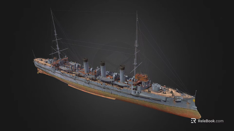 Detailed Wooden Ship Model of Historical Warship Featuring Multiple Chimneys Masts and Hull Details 3d model 