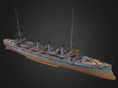 Detailed Wooden Ship Model of Historical Warship Featuring Multiple Chimneys Masts and Hull Details 3d model
