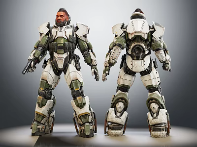Futuristic Smart Machines With Green And White Armor Weapons And Standing Posture 3d model