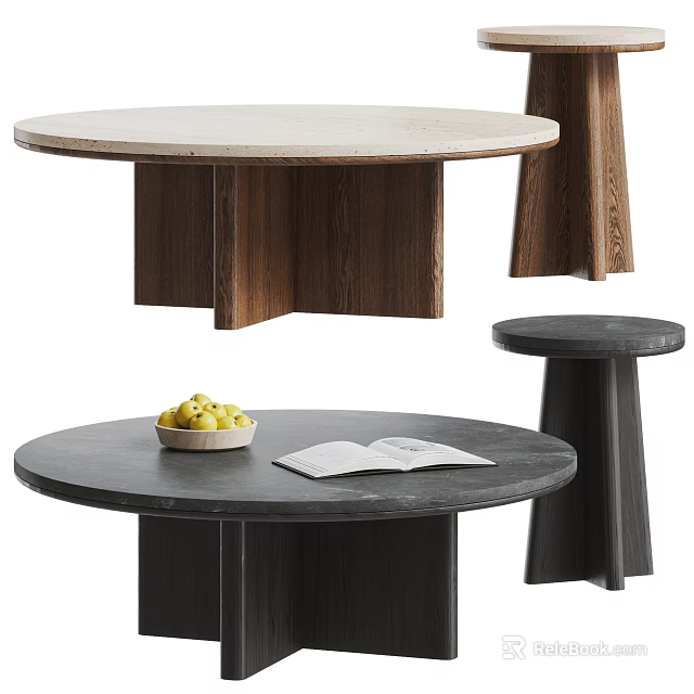 Modern Round Coffee Table With Wooden Base Marble Top Holding Fruit Bowl And Open Book 3d model 