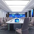 Modern Professional Conference Room Interior With Long Table Gray Chairs And Blue Backdrop