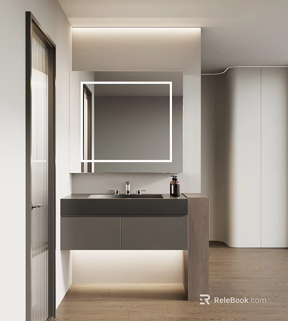 Modern Bathroom Vanity Cabinet With Mirror Sink Faucet And Integrated Lighting 3d model 