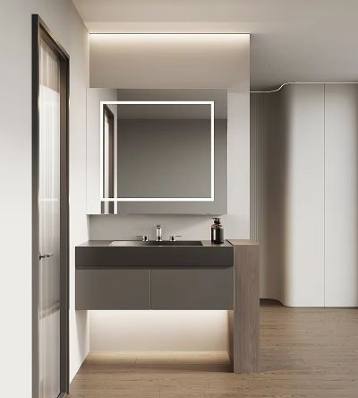 Modern Bathroom Vanity Cabinet With Mirror Sink Faucet And Integrated Lighting 3d model