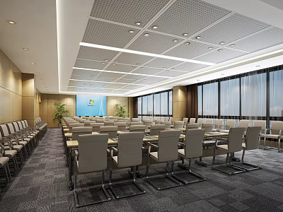Large Conference Room Interior With Projection Screen Wooden Walls Windows And Carpeted Floor 3d model
