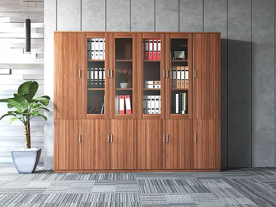 Modern Wooden Bookcase With Glass Doors Storage Cabinets Holding Folders Books And Decorative Items 3d model