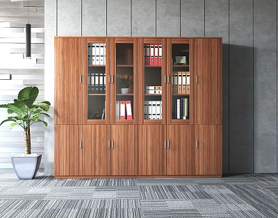 Modern Wooden Bookcase With Glass Doors Storage Cabinets Holding Folders Books And Decorative Items 3d model
