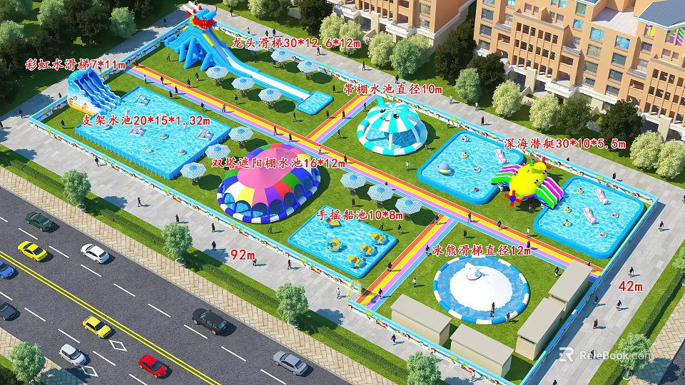 Fun Outdoor Water Playground With Slides Inflatable Castles Pools And Green Lawns 3d model 