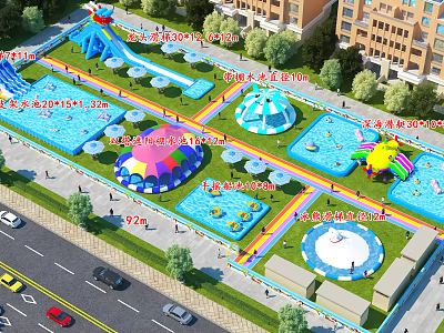 Fun Outdoor Water Playground With Slides Inflatable Castles Pools And Green Lawns 3d model