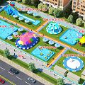 Fun Outdoor Water Playground With Slides Inflatable Castles Pools And Green Lawns
