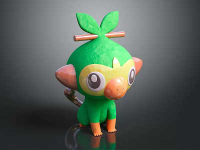 Cute Green Cartoon Monkey Plush Toy With Big Eyes Orange Ears And Leaf 3d model