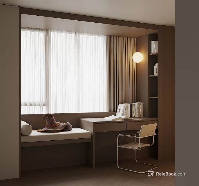 Modern Bay Window Interior With Cushion Slippers Desk Chair And Bookshelf Decorations 3d model 
